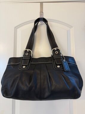 Coach Black Leather Tote with white contrast stitching. GUC